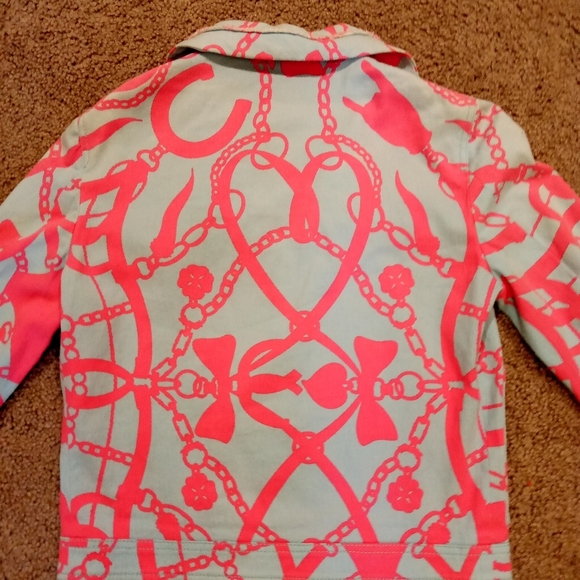 Moschino Vintage Women's Blue Pink Hearts Bows Chain Cotton Shirt Zip Jacket Y2K - Picture 3 of 9